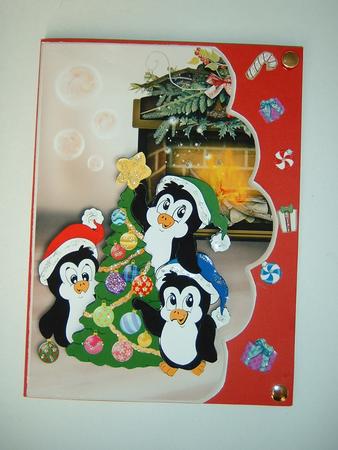 Penguins Dressing the Tree Scallope Edge Curve Card by Julie McGregor