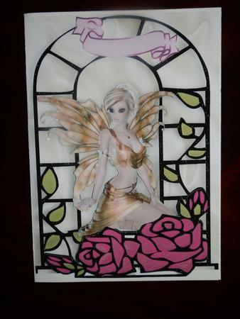 Pretty Fairie in Gold with Pink Roses in Window Frame by Julie McGregor