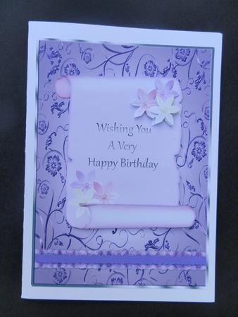 Lilac Scroll Birthday Card Front by Julie McGregor