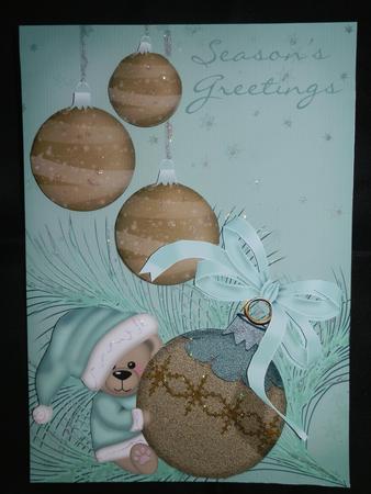 Cute Teddy and Bauble Christmas Card Front by Julie McGregor