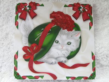 Cute Kitty in Green and Red Bonnet with Bows by Julie McGregor