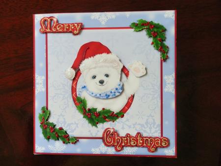 Polar Bear in a Santa Hat 8"x8" Merry Christmas Card Front by Julie McGregor