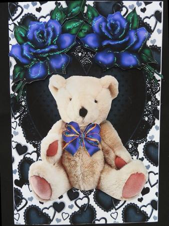 Black Lace Heart with Teddy and Purple Roses by Julie McGregor