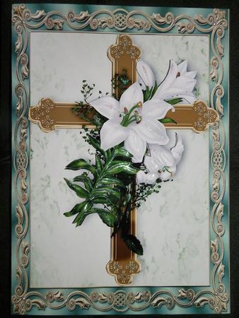 Gold Cross with White Lillies in Green Ornate Frame by Julie McGregor