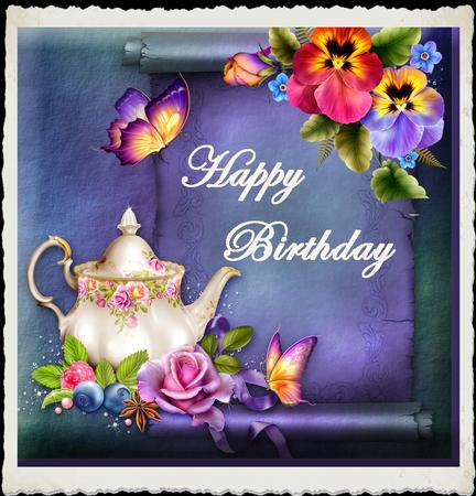 Teatime with Pansies, Happy Birthday by Julie McGregor