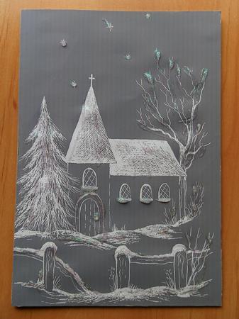 Church in Snow A4 Background by Julie McGregor