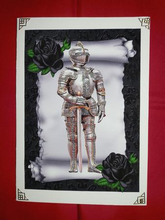 Knight in Armour on a Scroll with Black Roses A4 by Julie McGregor