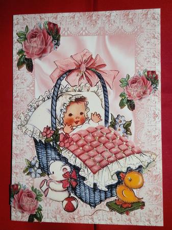 Vintage Baby Girl in a Basket with Bow and Roses by Julie McGregor