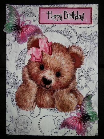 Cuddly Brown Teddy in Pink, with Butterflies by Julie McGregor