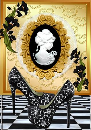 Black Sparkle Shoes with Cameo Lady by Julie McGregor