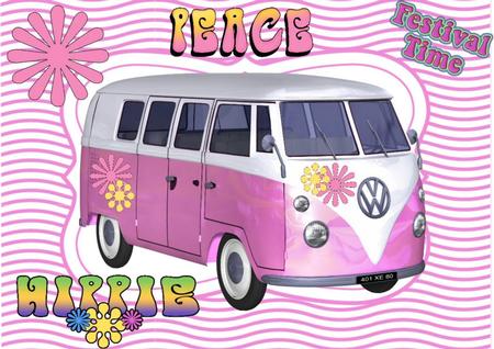 Pink Hippie Campervan with Peace by Julie McGregor