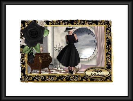 Elegant Lady in Black Gazing Through Window Card Front by Julie McGregor