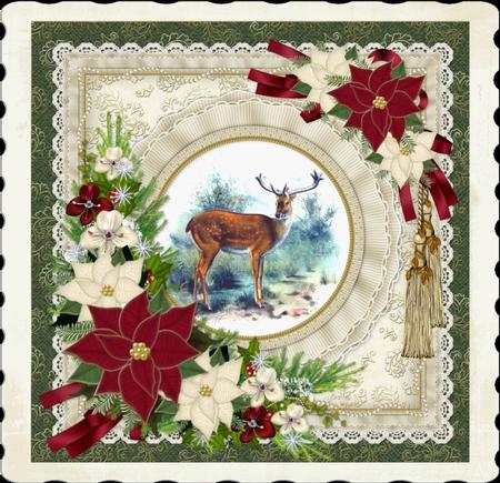Vintage Christmas Deer with Poinsettia Pyramid by Julie McGregor