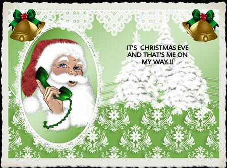 Santa on the Phone, with Snow Trees Oval Pyramids by Julie McGregor