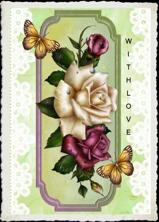 Red/cream Roses on a Plaque with Lace by Julie McGregor