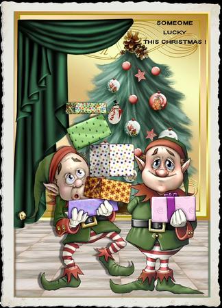 Santas Working Elves with Presents & Tree by Julie McGregor