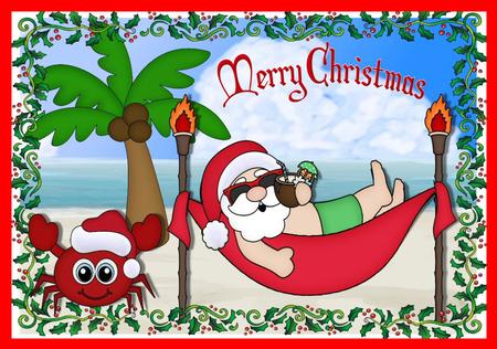 Santas on Vacation, on the Beach A4 by Julie McGregor