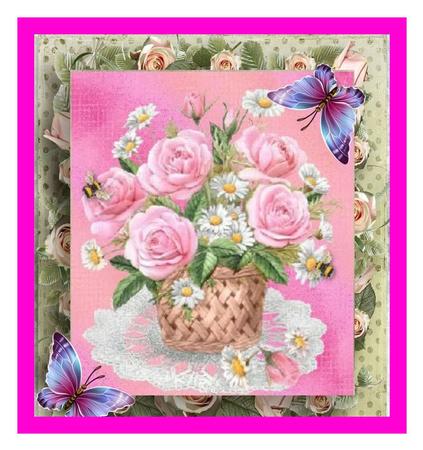 Basket of Pink Flowers Topper with Decoupage by Julie McGregor