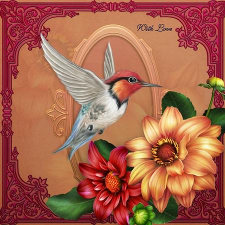 Hummingbird and Dahlias 8x8 Card Front by Julie McGregor