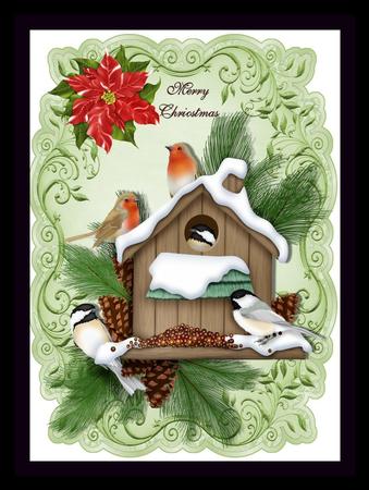 Robins in a Birdhouse Covered with Snow Bracket Card by Julie McGregor