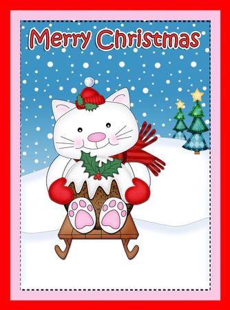 Christmas Sledging Little Cat 5x7 3D Decoupage by Julie McGregor
