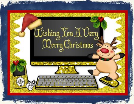 Christmas Gold Glitter Computer with Reindeer A4 by Julie McGregor