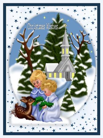 Sweet Children with Little Deer and Church Scene A4 by Julie McGregor