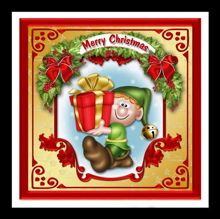 Christmas Elf with Gift Square Card Front by Julie McGregor