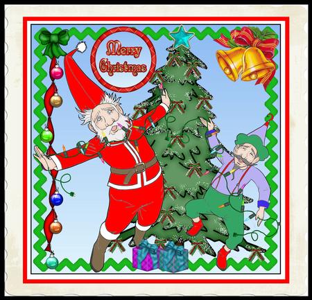 Santa and Gnome Decorate Tree by Julie McGregor
