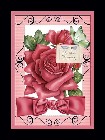 Pretty Big Pink Rose, with Butterflies & Bow by Julie McGregor