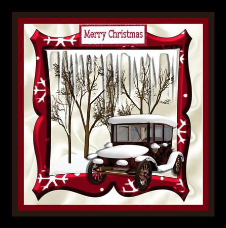 Lovely Snow Scene in Red Frame with Vintage Car 8x8 by Julie McGregor
