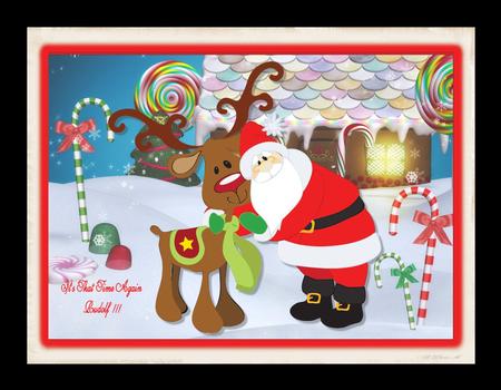 Santa and Rudolf in the Snow Card Front and Decoupage by Julie McGregor