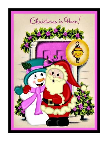 Santa and Happy Snowman with Pink Front Door A4 by Julie McGregor