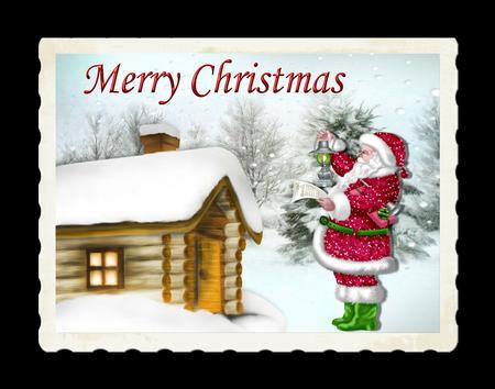 Santa in the Snow with Snow Covered Cottage by Julie McGregor