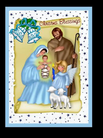 Nativity Scene with Baby Jesus on a Scroll with Bells by Julie McGregor