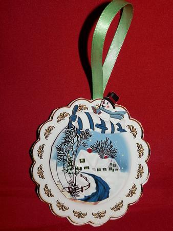 Snow Scene and Little Snowman on a Plate Topper Oval Pyramid by Julie McGregor