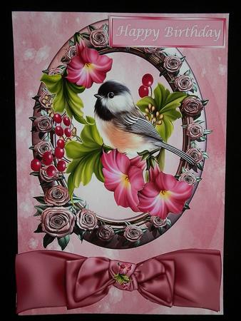 Pretty Bird in Rose Frame with Bow and Flowerss by Julie McGregor