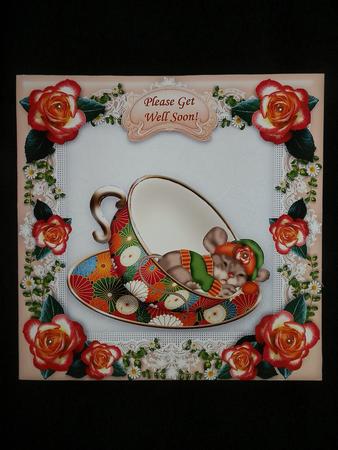 Teacup Rosy Mouse - 8" x 8" Card Topper by Julie McGregor