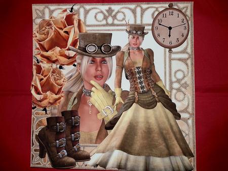 Pretty Steampunk Lady with Boots and Roses 8x8 by Julie McGregor