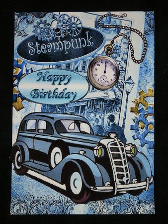 Blue Vintage Sudan Car with Steampunk by Julie McGregor