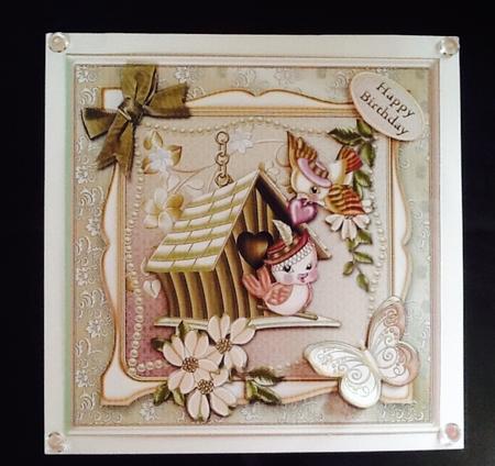 Birdhouse and Birds Square Card Front by Julie McGregor