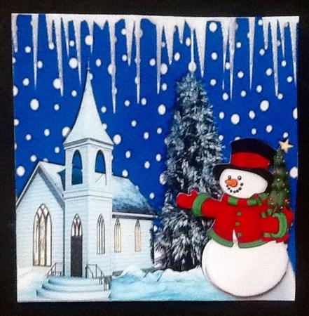 Church with Snowman and Christmas Tree 8x8 by Julie McGregor