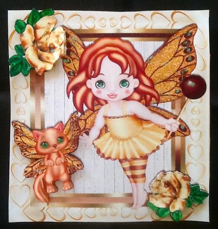 Little Faerie in Gold Glitter with Kitty and Gold Roses 8x8 by Julie McGregor