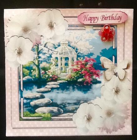 Pretty Japanese Water Garden in Pink Polkadot Frame 8x8 by Julie McGregor