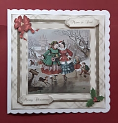 Christmas card with vintage skating scene and family tags by Julie Hassall