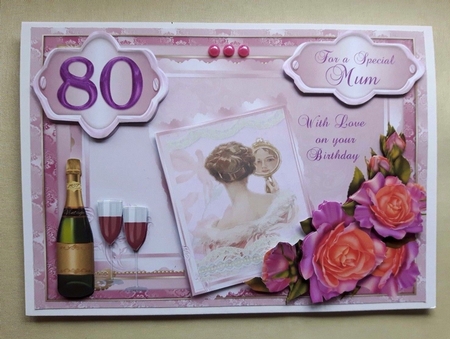 80th Birthday card with decoupage roses & vintage lady by Julie Hassall