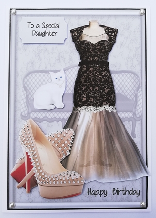 Ladies birthday card with evening dress, high heels and cat with family tags by Julie Hassall
