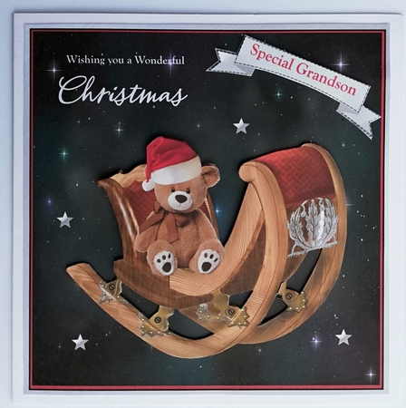 Teddys Sleigh Christmas card with decoupage and family tags by Julie Hassall
