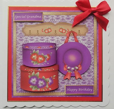 Female birthday card with decoupage hat & boxes by Julie Hassall