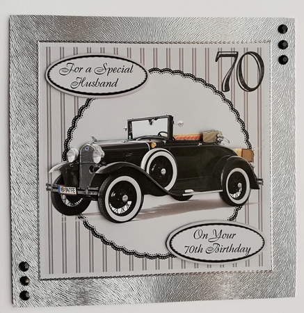 70th Birthday card front with decoupage vintage Ford convertible car & family tags by Julie Hassall